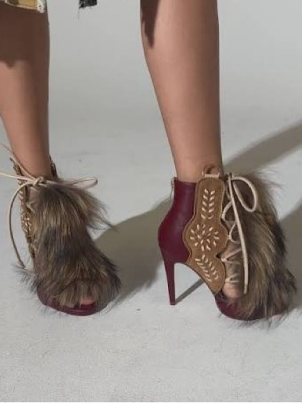 AKIRA Red and Tan Fur-Trim Lace-Up Stiletto Booties - Picture 9 of 16